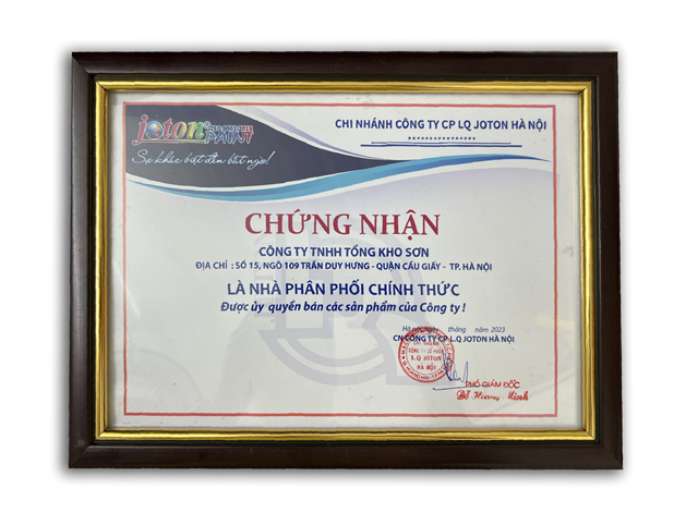 Chứng nhận sơn Jotun - Công Ty Trách Nhiệm Hữu Hạn Tổng Kho Sơn